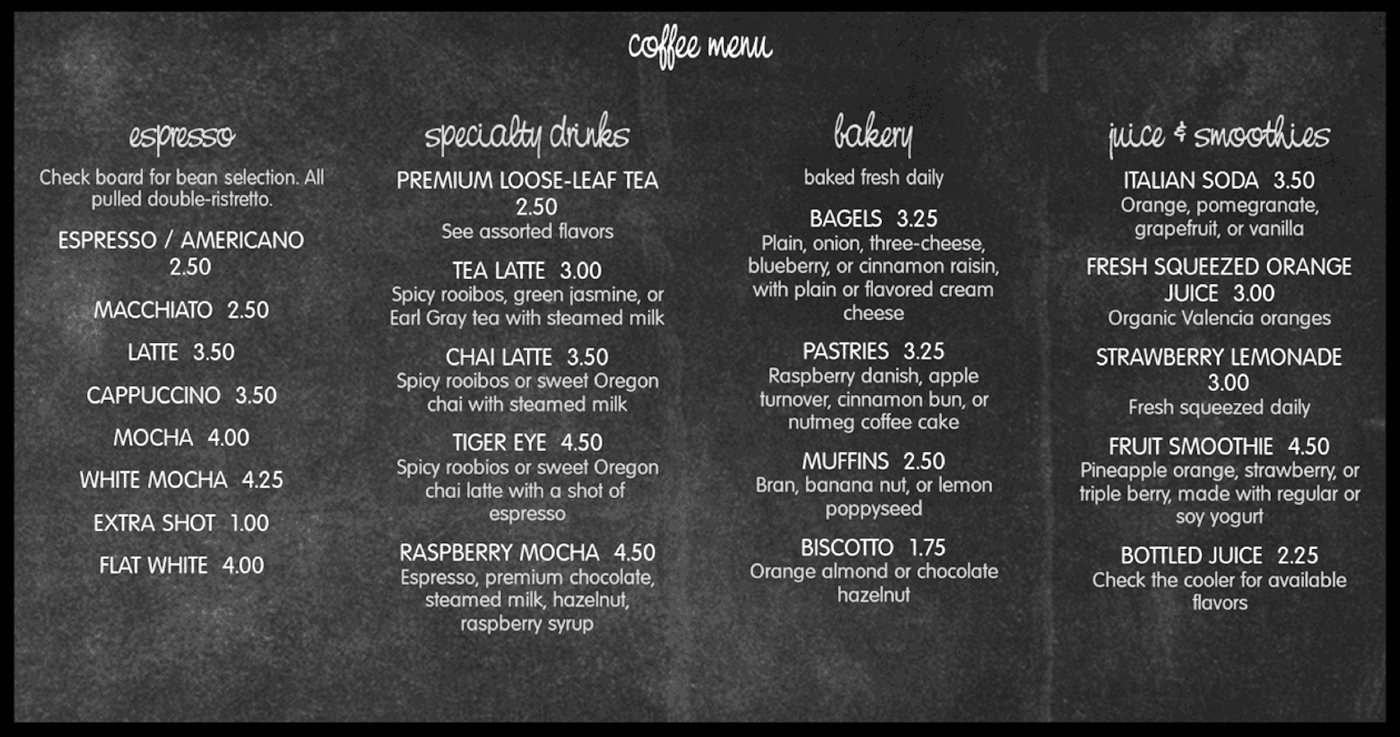 Coffee menu with unfamiliar vocabulary