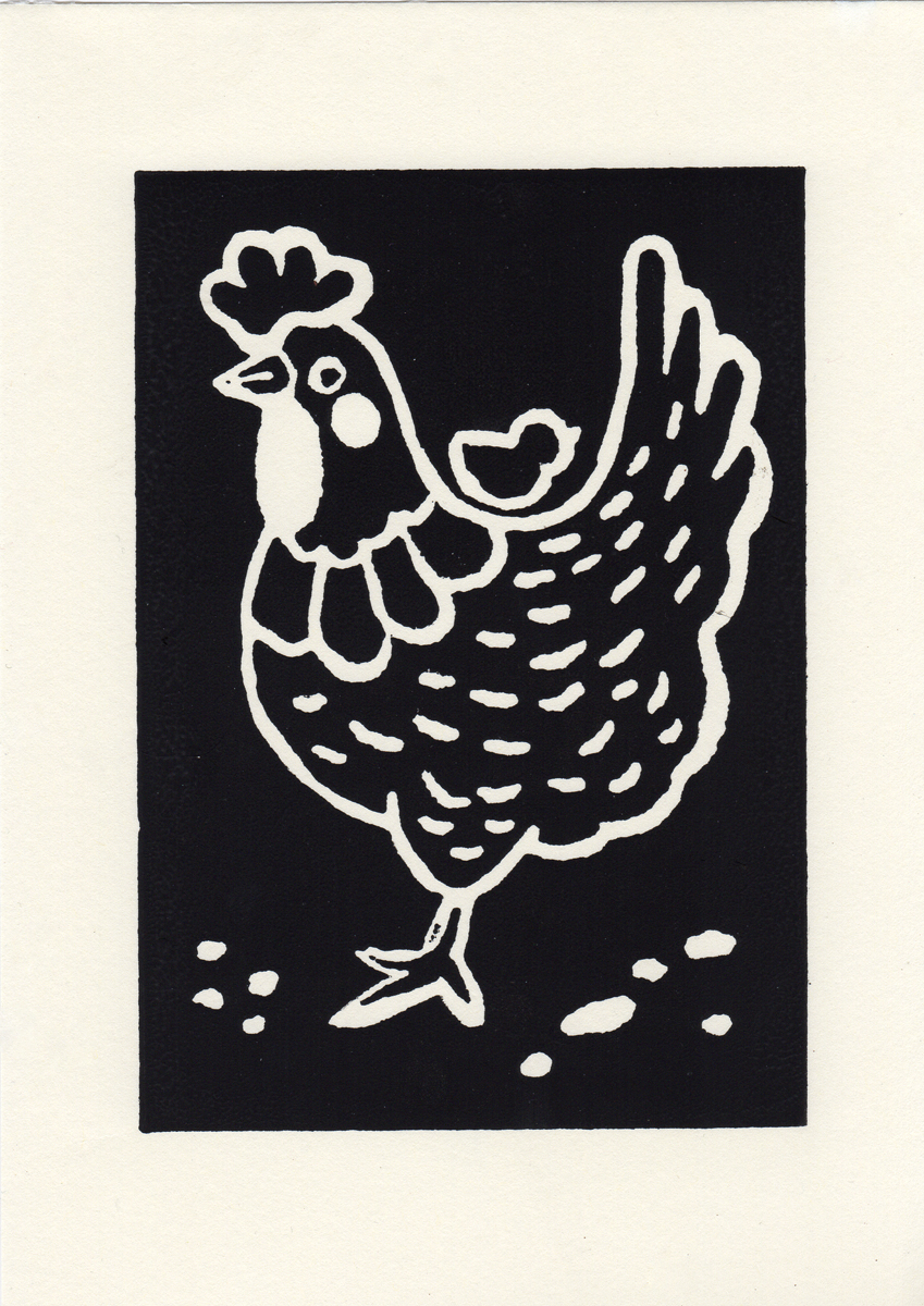 Chicken mother and baby lino print